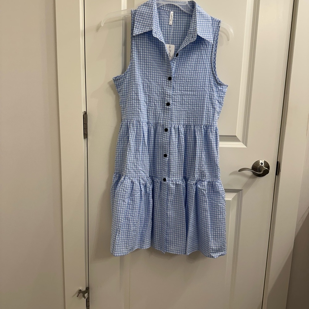 Blue and White Sleeveless Tiered Sundress